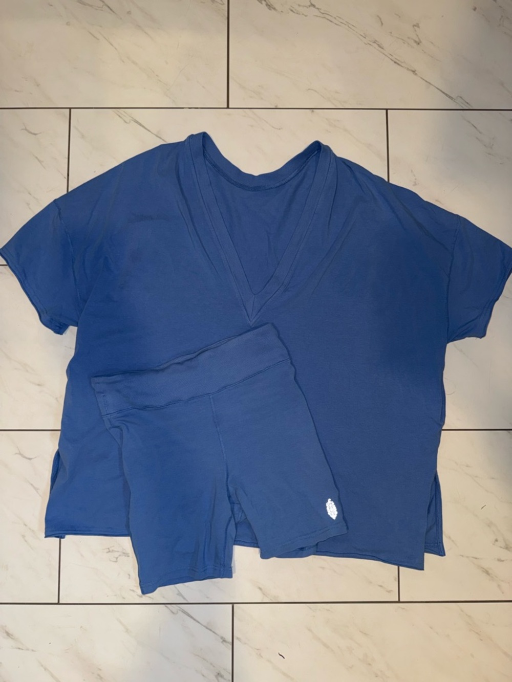 FP Movement by Free People Relaxed V-Neck Top & High-Waist Bike Shorts in Blue